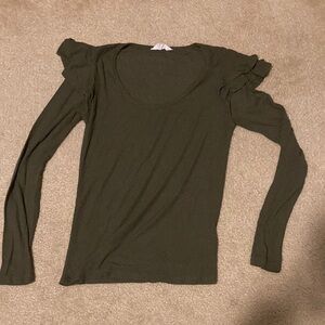 Olive Green super stretch Ruffle Sleeve Women's Top